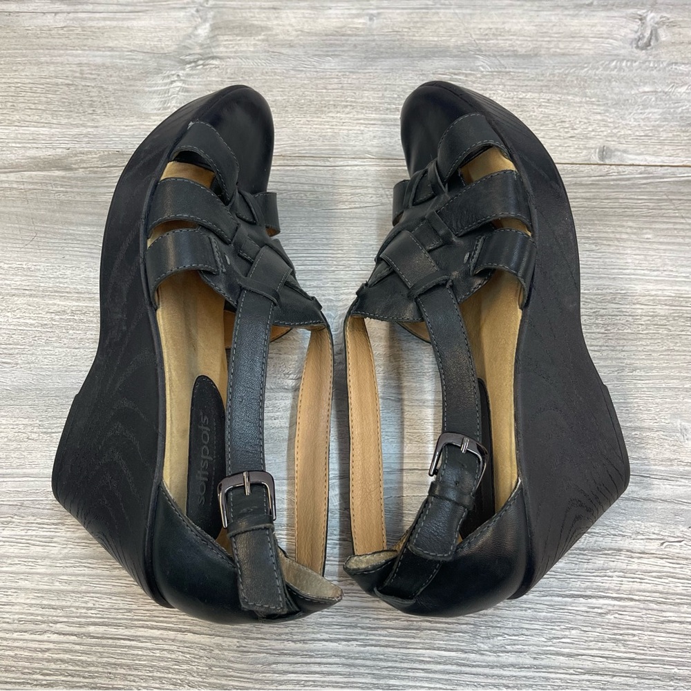 Black Leather Wedge Sandals Pillowtop Comfort Strappy Buckle 9.5W - Picture 6 of 10